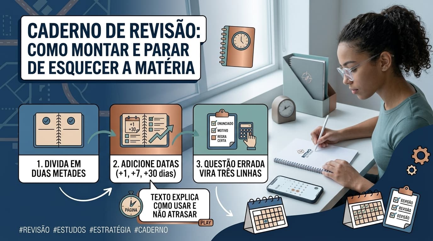 Caderno aberto sobre a mesa, dividido em duas metades: de um lado datas de revisão marcadas, do outro uma lista de erros de questões.