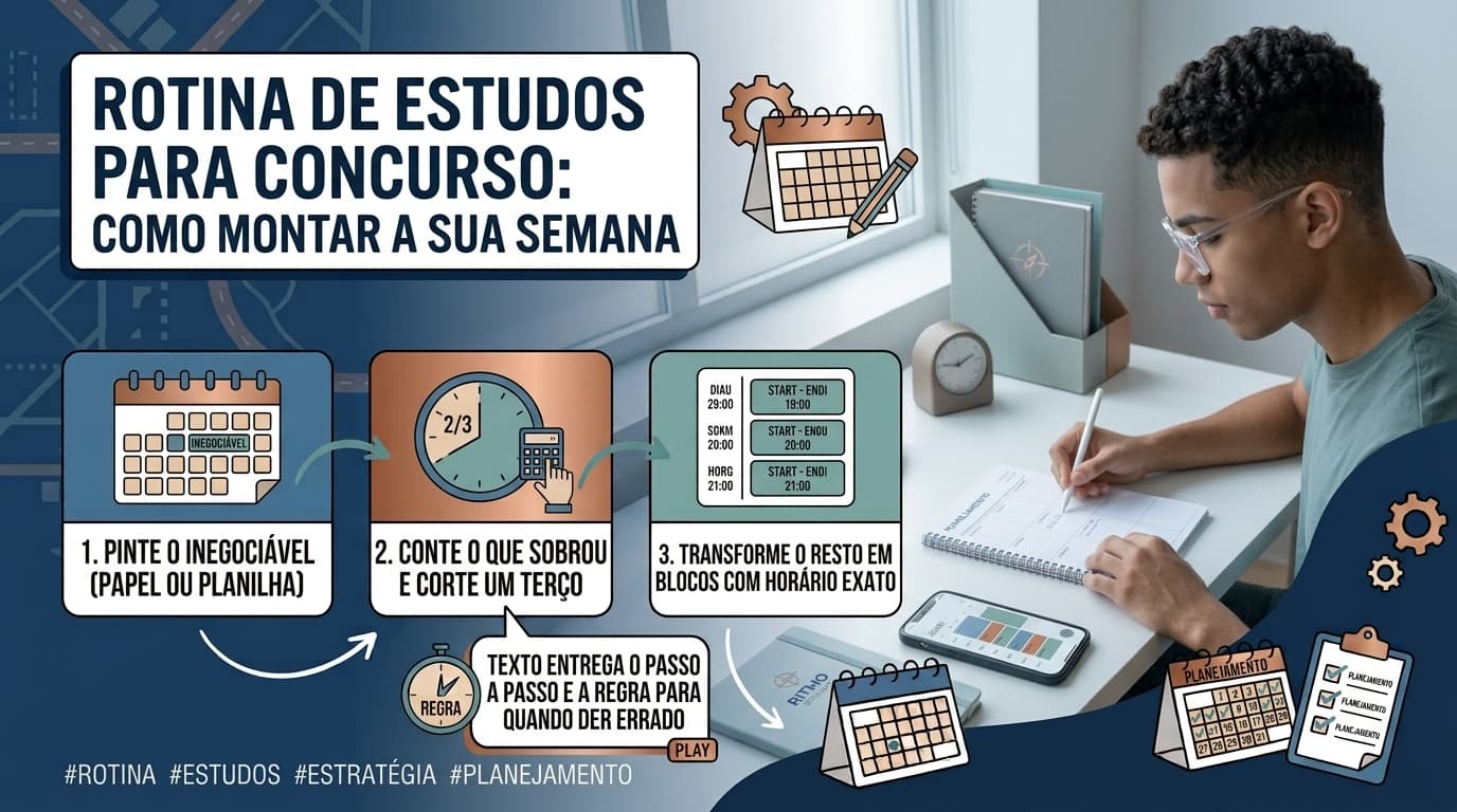 Folha de papel com uma grade de sete colunas, uma para cada dia da semana, com faixas pintadas de trabalho e sono e blocos de estudo marcados com horário exato.