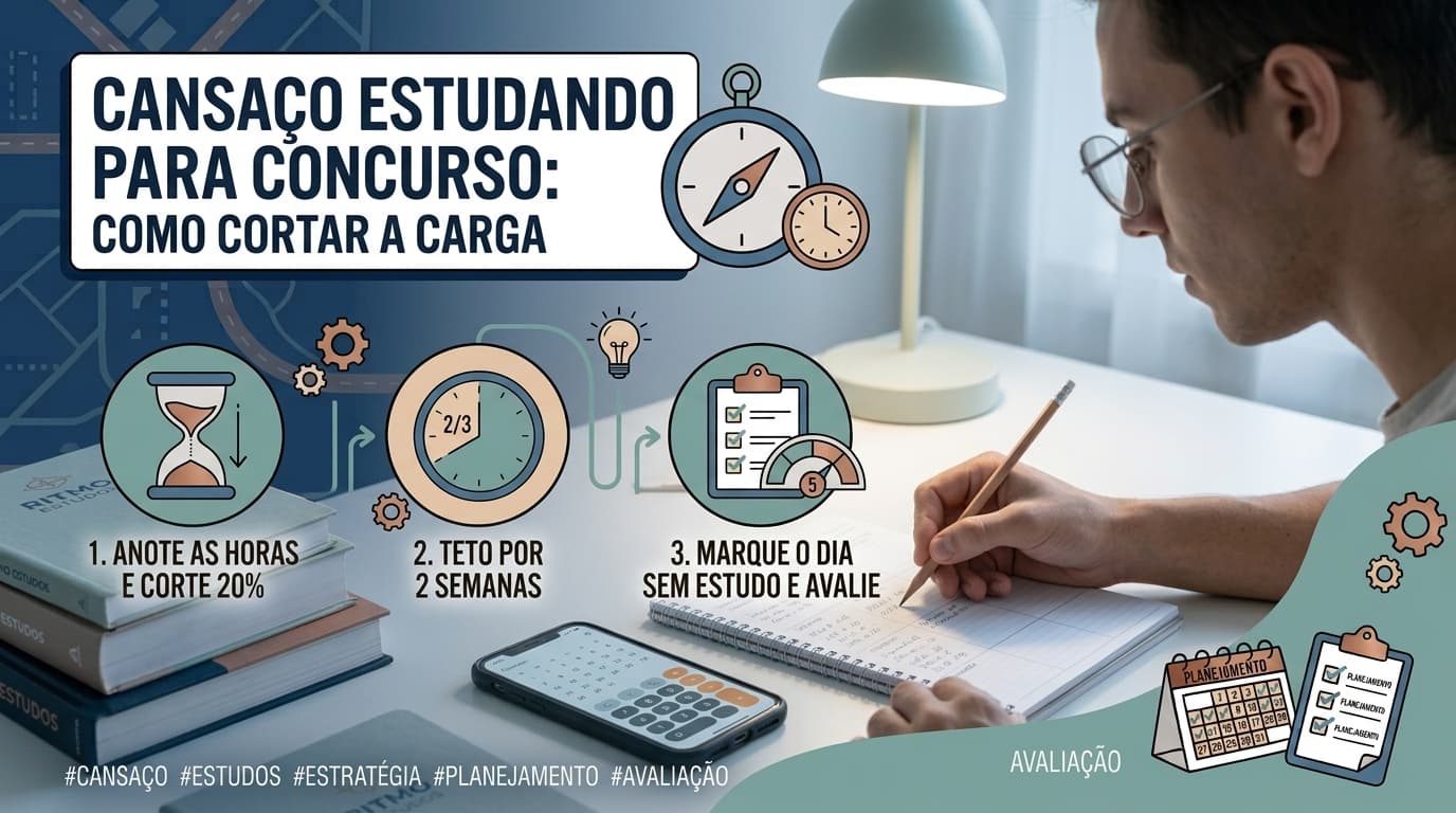 Mesa de estudos no fim da tarde com caderno aberto anotando as horas estudadas dia a dia, ao lado de um relógio e da iguana mascote do Ritmo