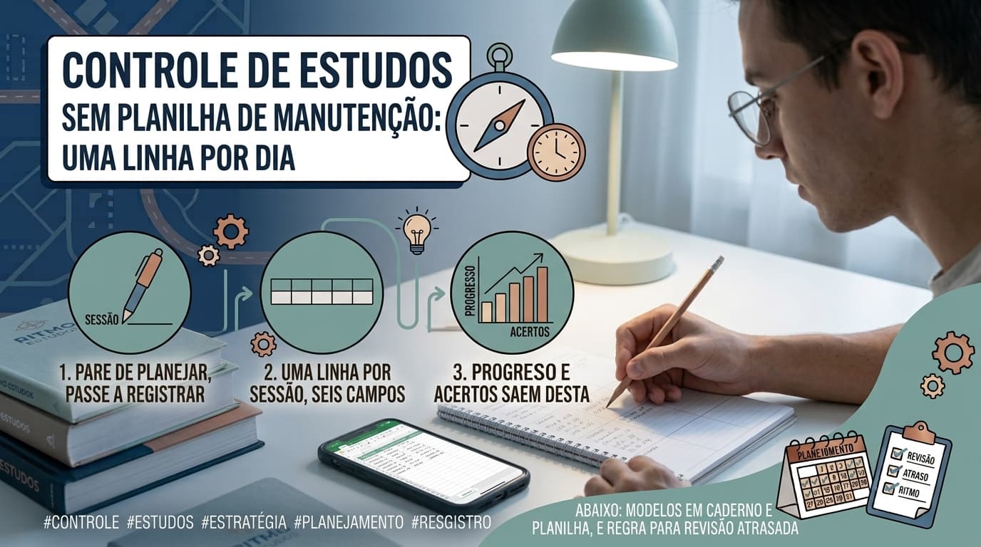 Caderno com um registro de estudos em linhas ao lado de uma planilha aberta no computador, com as células da quarta-feira em branco.