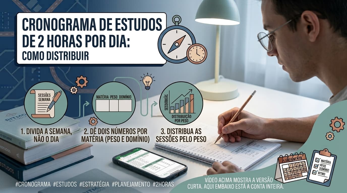 Folha de caderno com uma tabela de matérias, peso, domínio e número de sessões da semana, ao lado de um relógio marcando duas horas.