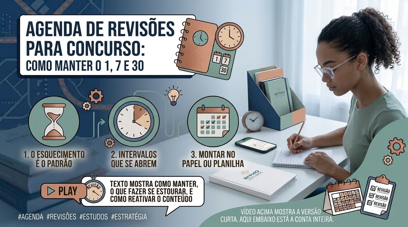 Caderno aberto com um calendário mensal desenhado à mão, cada dia com nomes de tópicos anotados como revisões marcadas