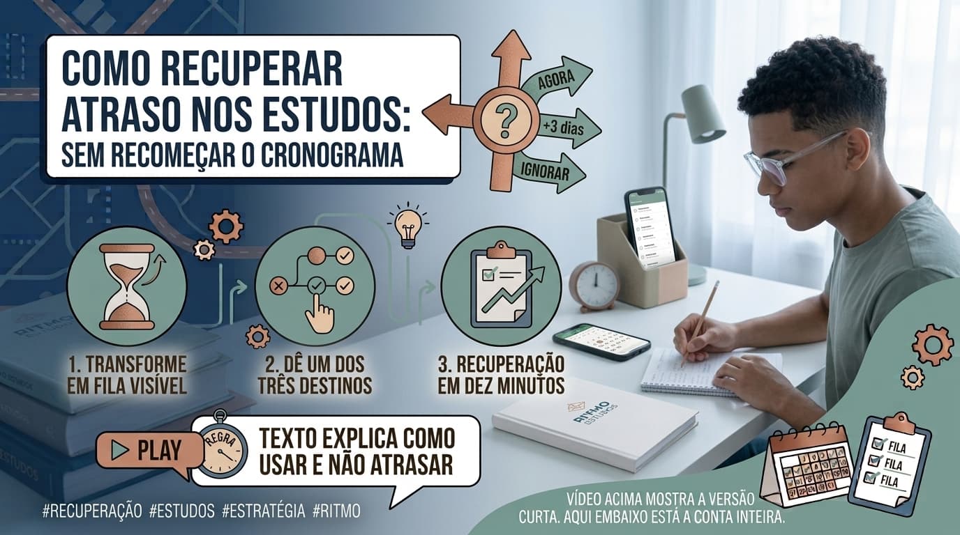 Calendário de estudos com dois dias marcados em branco e, ao lado, uma lista escrita à mão de revisões atrasadas com decisões anotadas.
