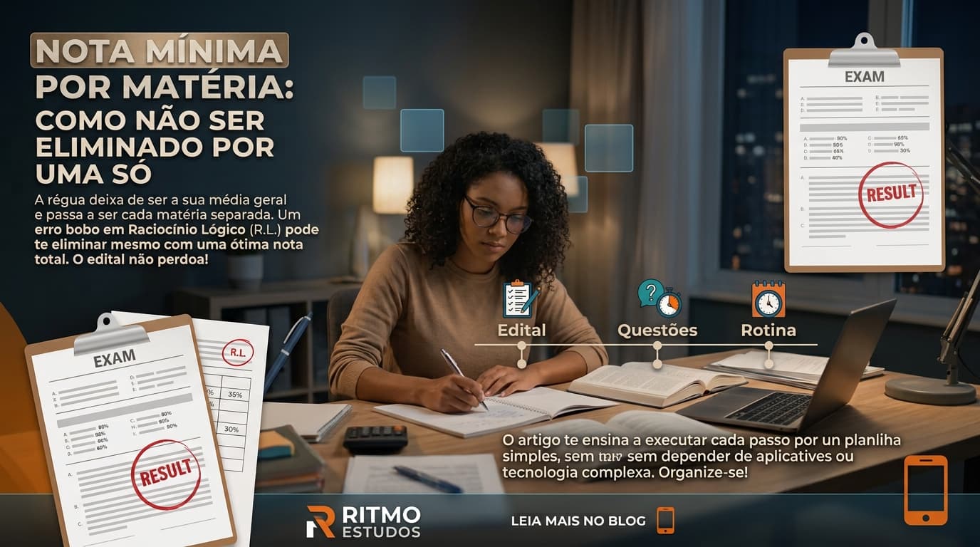 Boletim de prova com notas por disciplina, média geral alta e uma matéria marcada abaixo da linha de corte