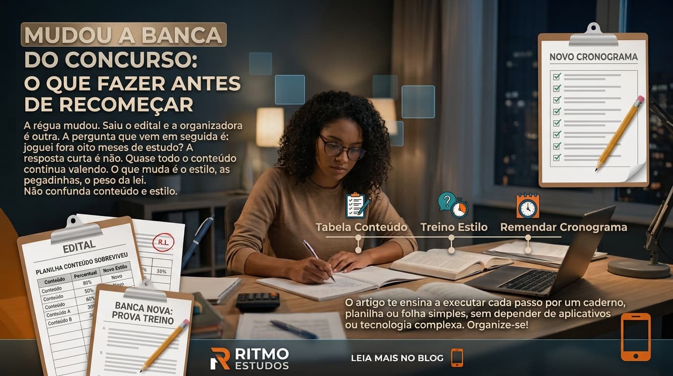 Capa do artigo: mudança de banca do concurso, com dois editais lado a lado e a iguana mascote do Ritmo