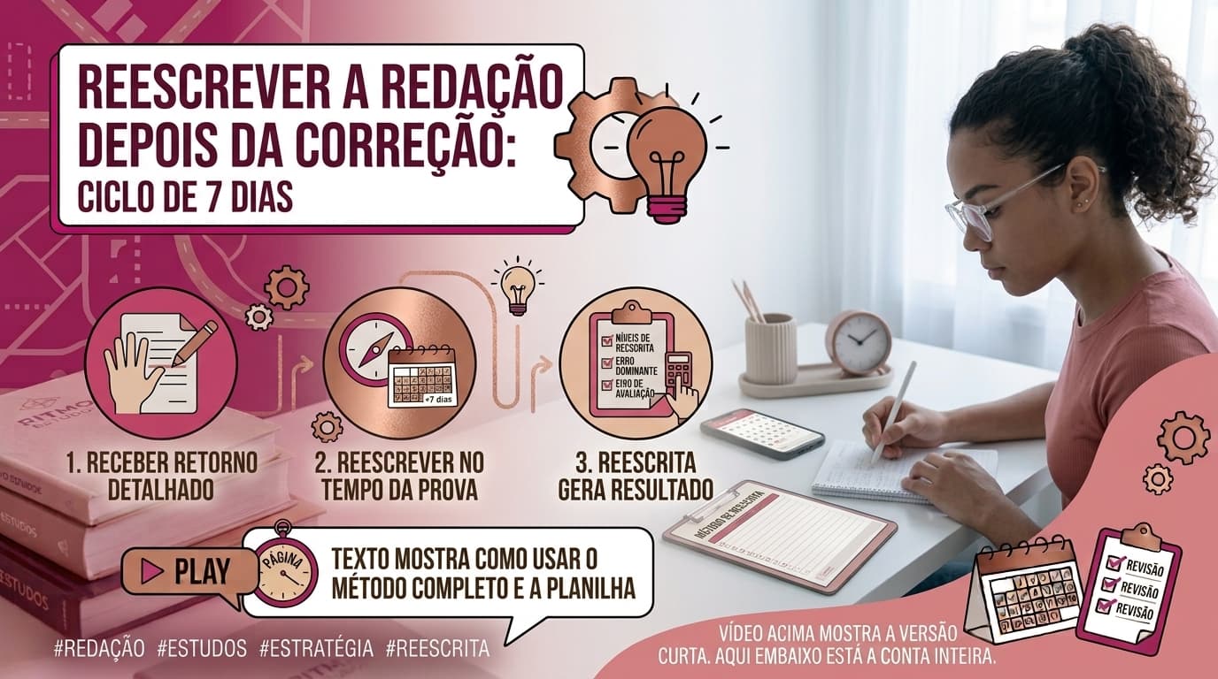 Folha de redação manuscrita aberta sobre a mesa ao lado de uma ficha de correção com notas por competência e uma caneta vermelha.