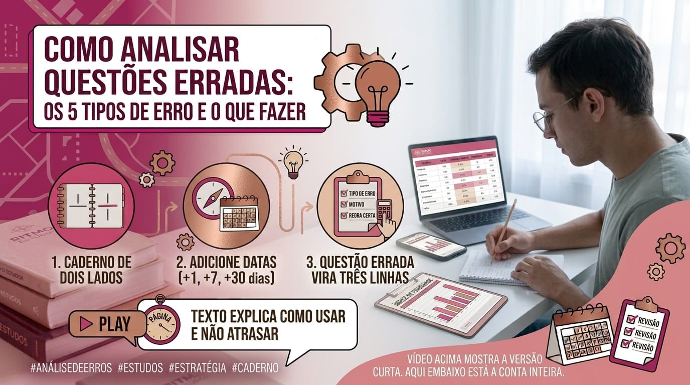 Folha de questões de concurso com alternativas marcadas em vermelho ao lado de fichas de anotação e uma caneta