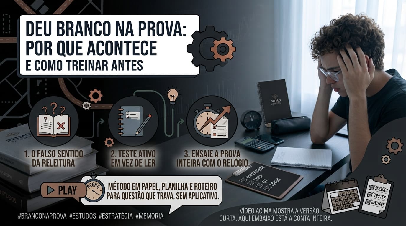 Folha de prova em branco sobre uma mesa, ao lado de uma caneta e de um relógio marcando o tempo.