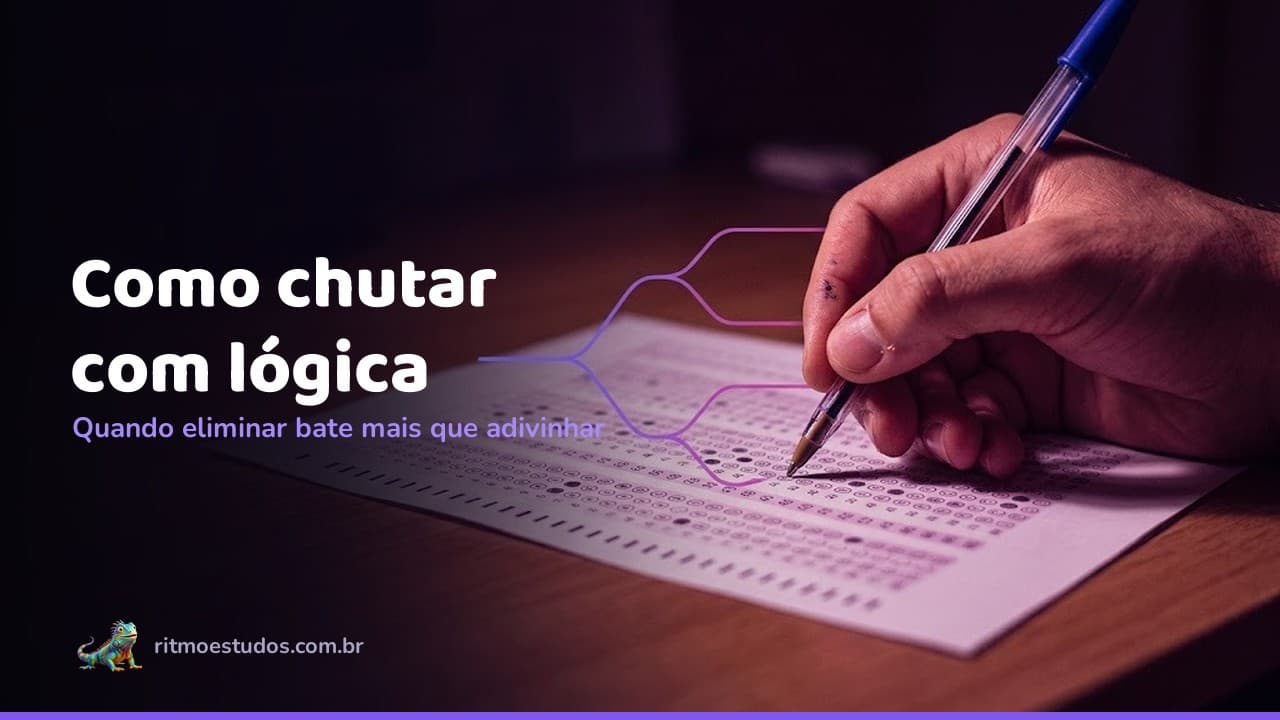 Capa do artigo: como chutar questões de concurso com lógica, mão sobre folha de respostas com diagrama de decisão