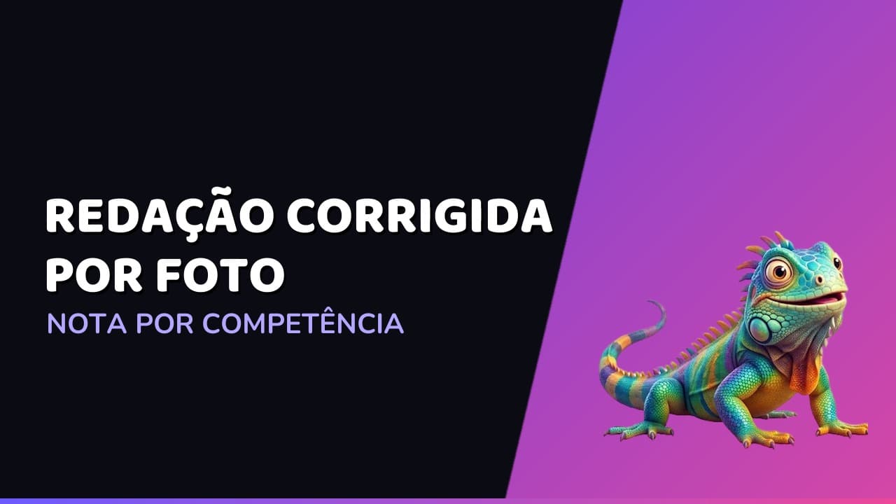 Folha de redação manuscrita com marcações coloridas por competência ao lado de uma tabela de notas