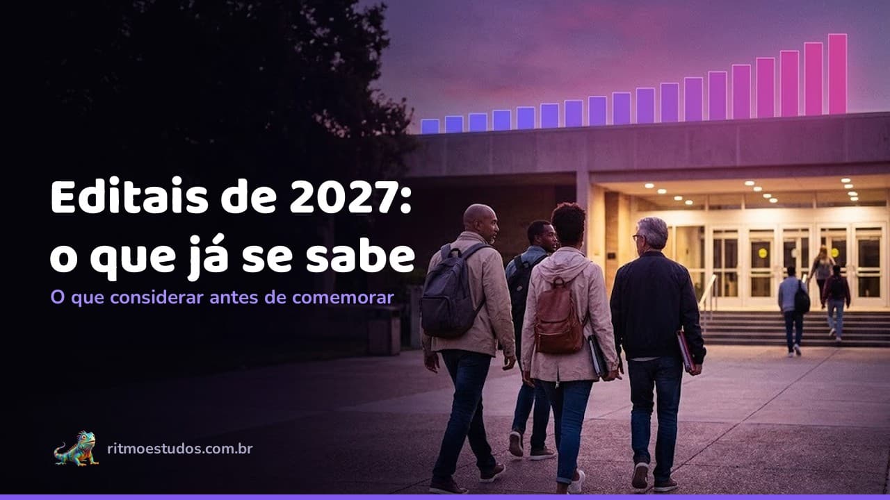 Capa do artigo: editais de 2027, grupo de concurseiros caminhando ao amanhecer com gráfico de crescimento