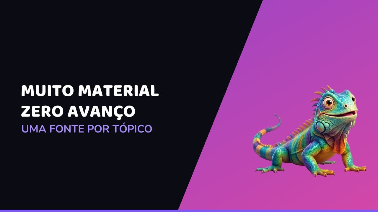 Mesa com notebook aberto, pilha de apostilas e uma folha de papel onde estão escritos um tópico do edital e uma única fonte