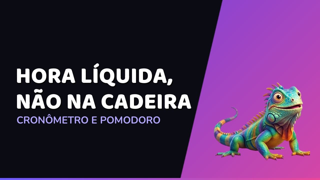 Capa do artigo: horas líquidas de estudo, com cronômetro e a iguana mascote do Ritmo