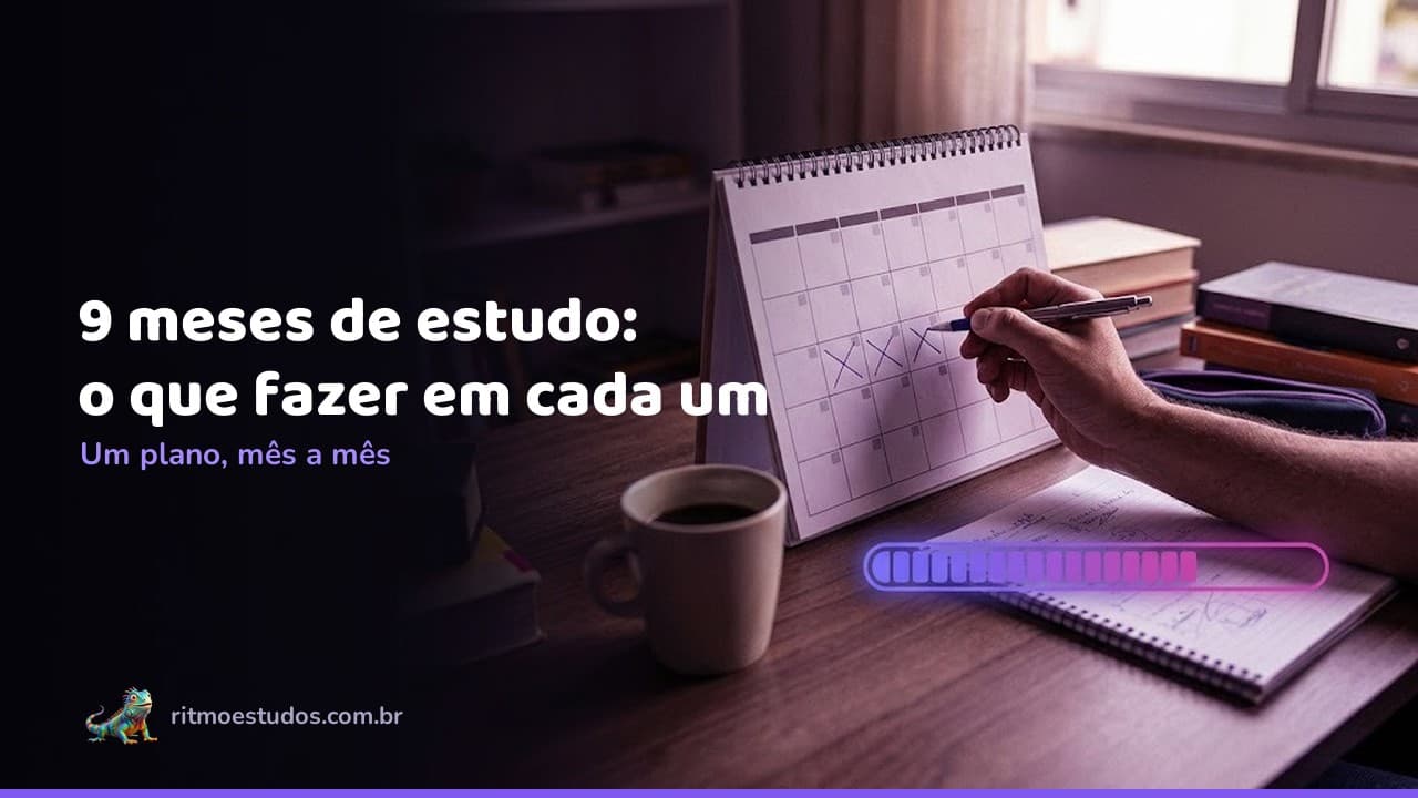 Capa do artigo: rotina de 9 meses para concurso, calendário de mesa com barra de progresso