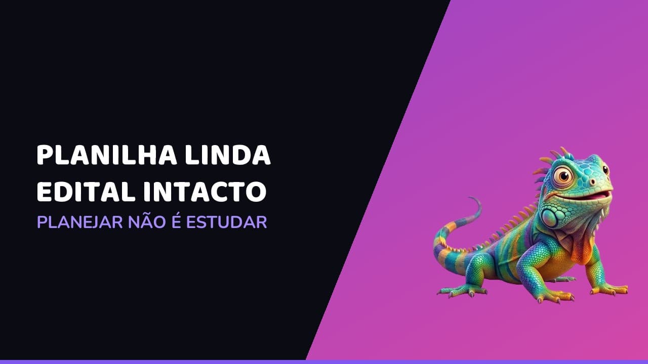 Capa do artigo: uma planilha de estudos colorida ao lado de um edital ainda sem nenhuma marcação, com a iguana mascote do Ritmo