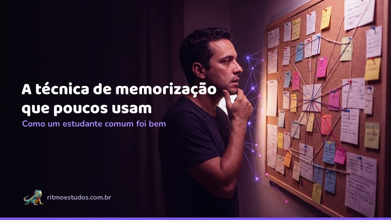 Capa do artigo: técnica de memorização para concurso, concurseiro diante de mural de estudos conectado