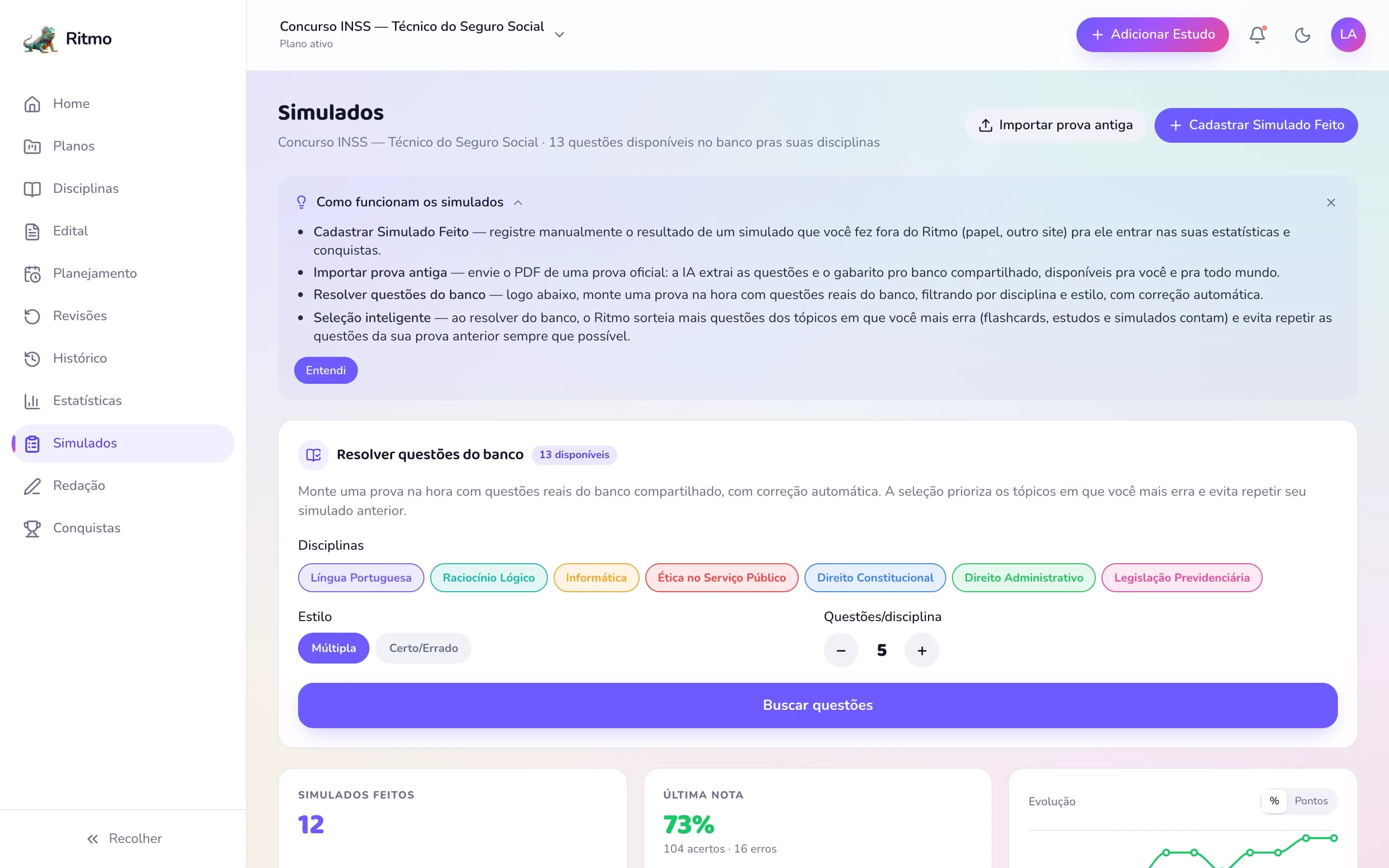 Simulados e questões no Ritmo