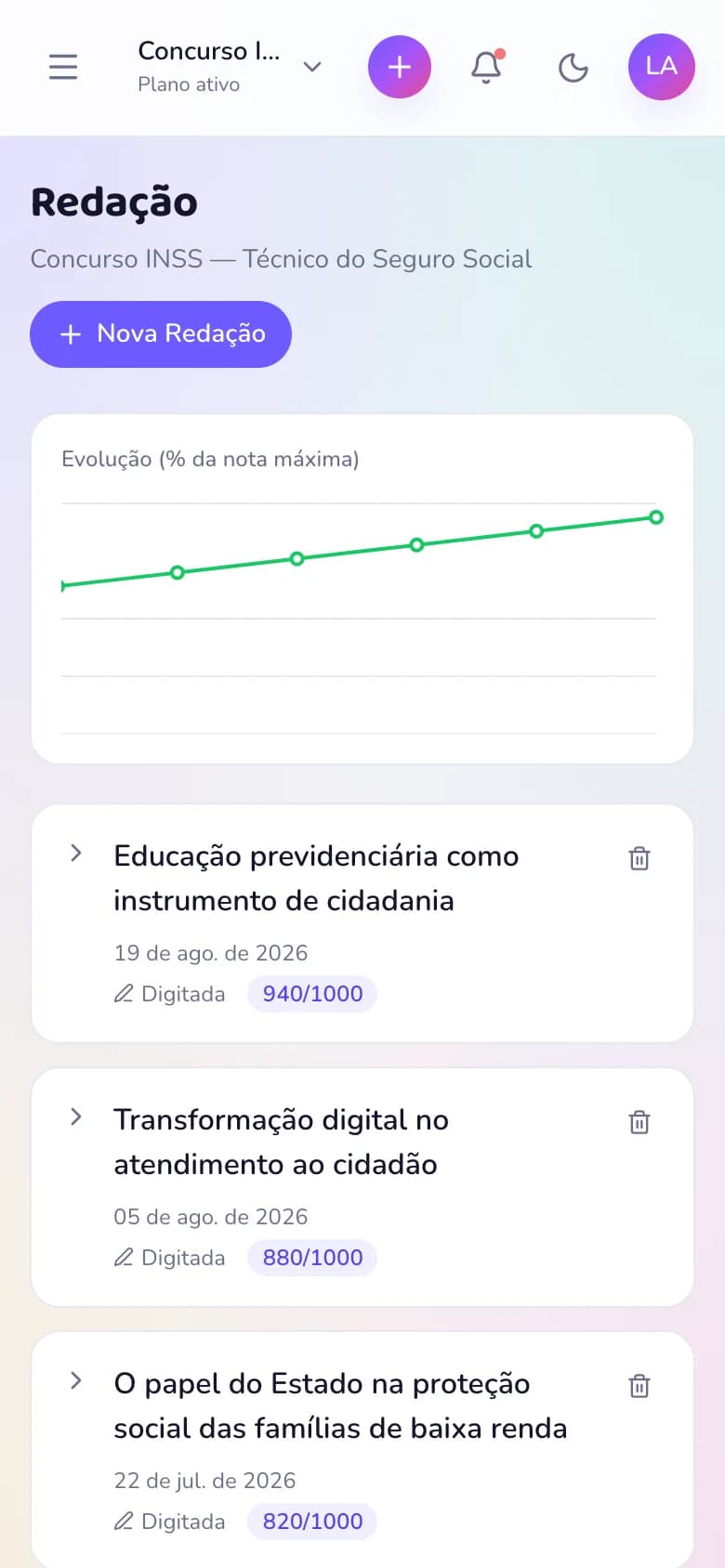 Tela de correção de redação do Ritmo com nota por competência no celular