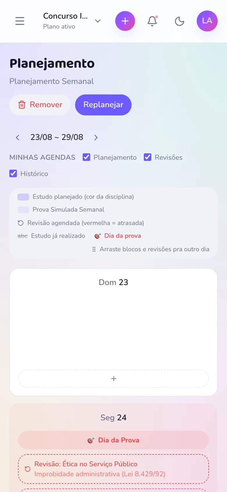 Planejamento semanal de estudos do Ritmo no celular