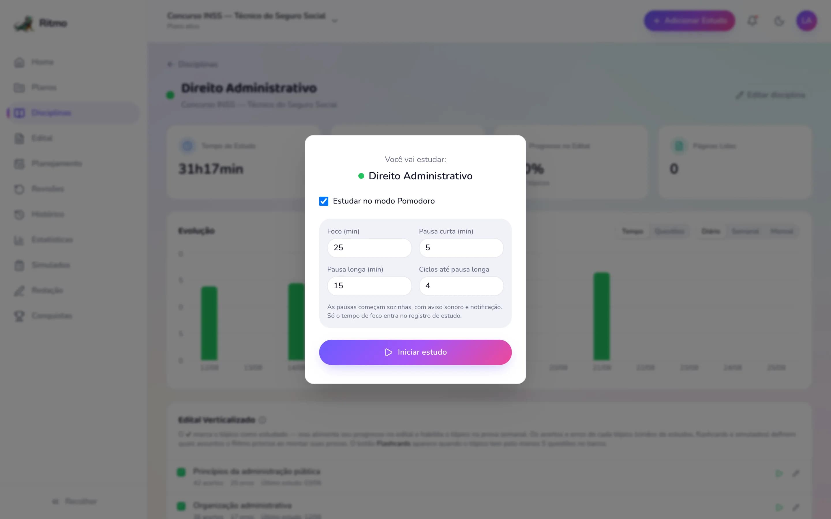 Iniciar estudo de Direito Administrativo no modo Pomodoro: foco 25 min, pausa curta 5 min, pausa longa 15 min, 4 ciclos até a pausa longa