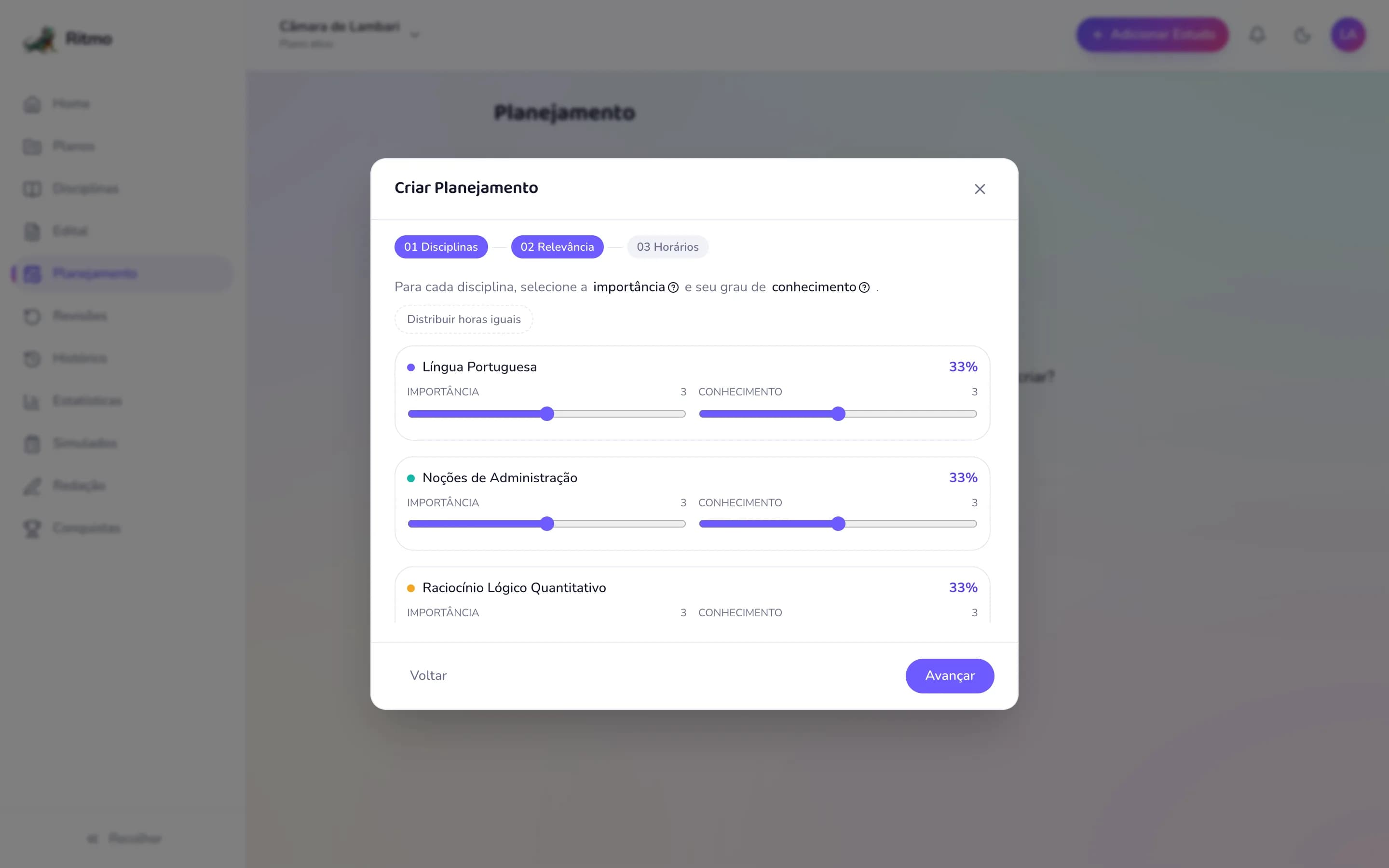 Tela Criar Planejamento do Ritmo, passo Relevância, com controles deslizantes de importância e conhecimento por disciplina